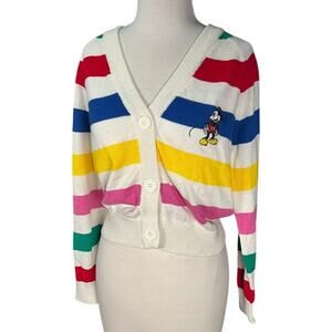Disney Mickey Mouse Striped Cardigan Sweater Rainbow Knit Button XS Nostalgic